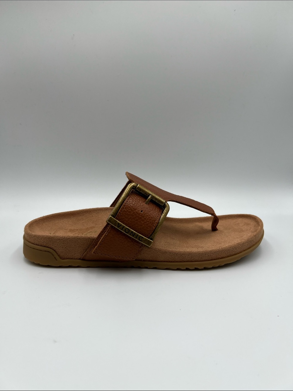 Vionic Emma thong slide flipflop leather sandal brown leather comfort new 7.5